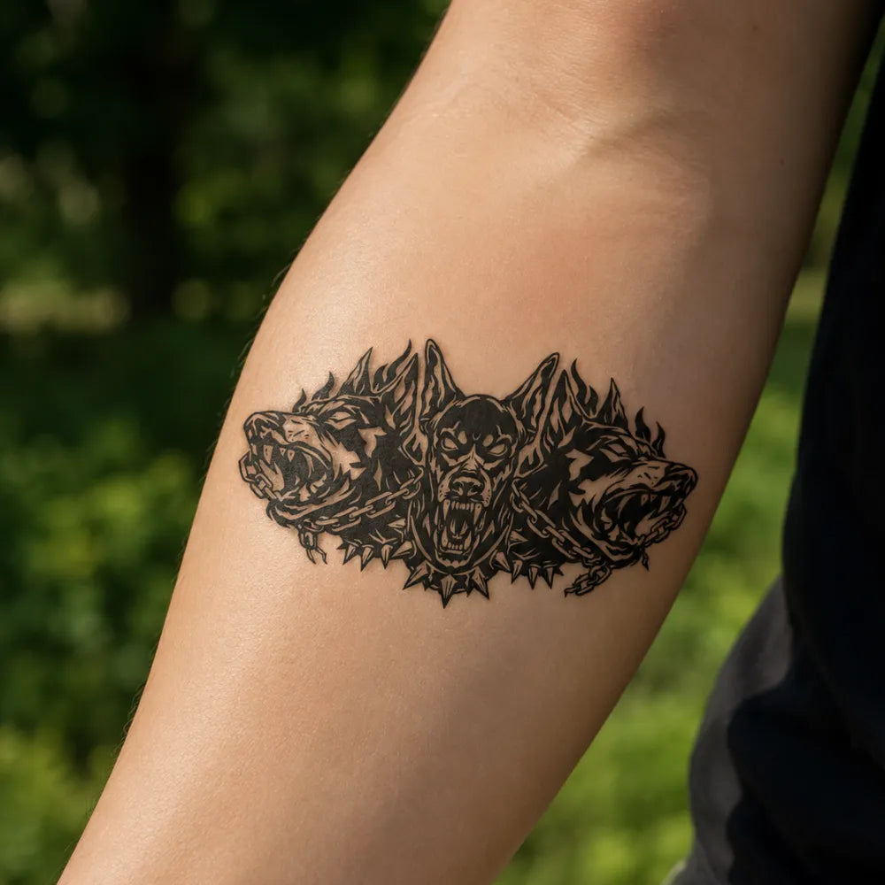 SafeTatt — Flaming Cerberus · fotografie tetování na kůži
